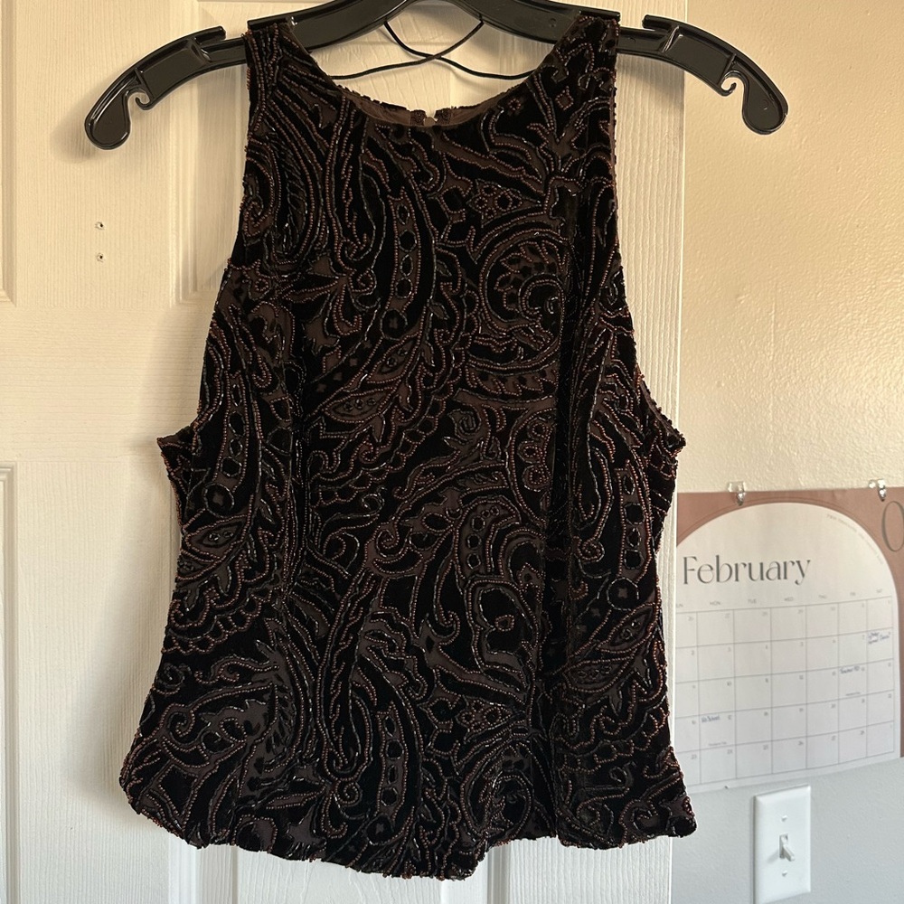 Carmen Marc Valvo Black Tank Top with Intricate Pattern